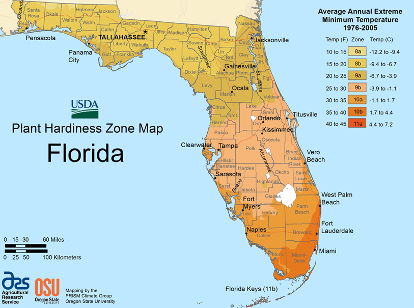 USHA Cold Hazdiness Zones Florida Map