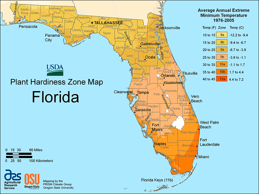 USDA Hardiness Zone Map for Florida