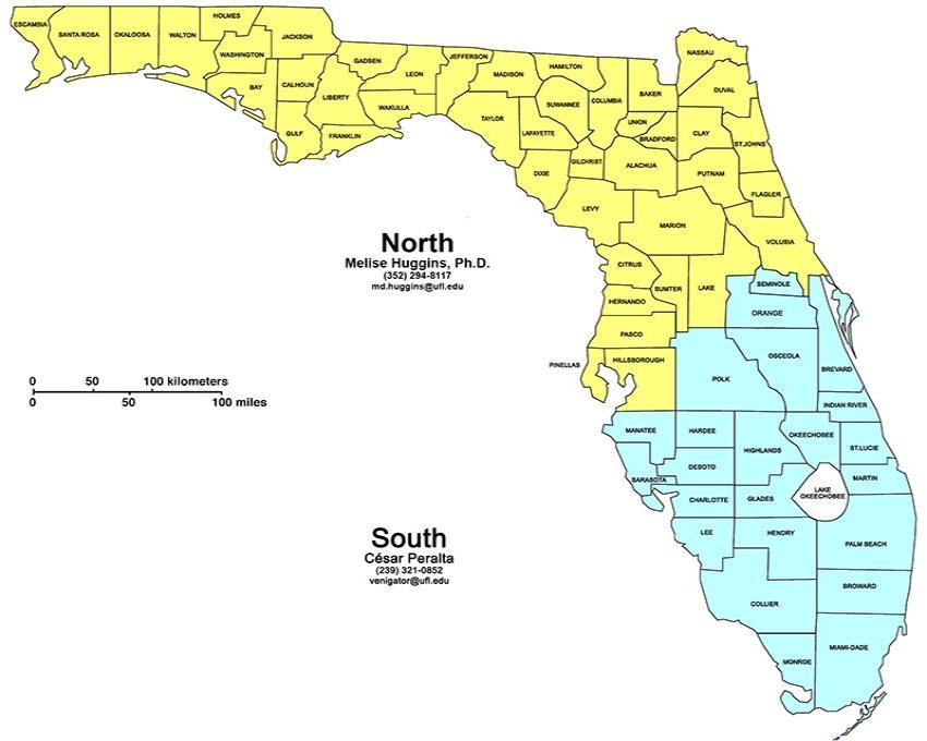 map of Florida showing GI-BMP North and South regions